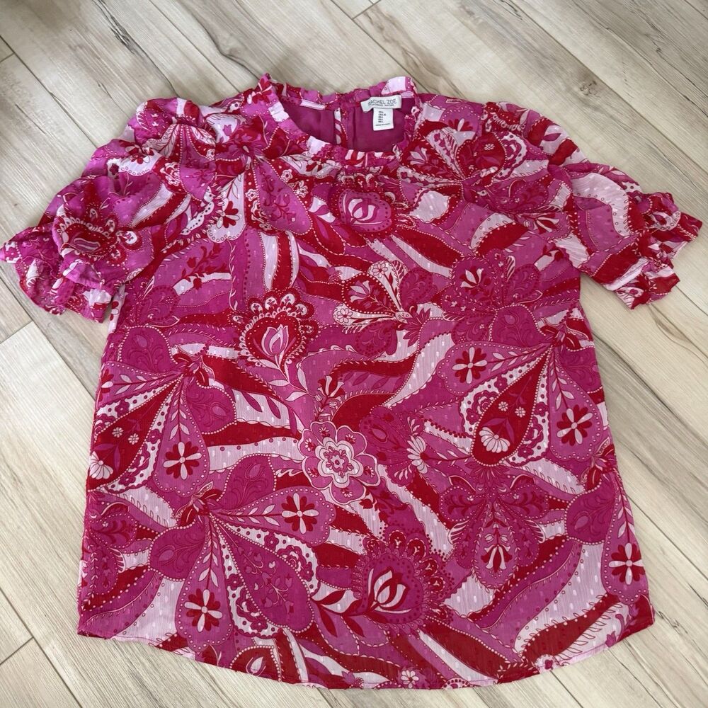 Rachel Zoe fuchsia pink paisley ruffle Ruched short sleeve Size Large lined